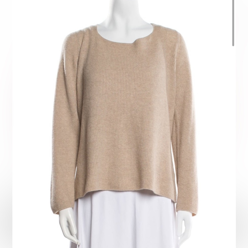 Vince 100% Cashmere Beige Ribbed Knit Scoop Neck Sweater